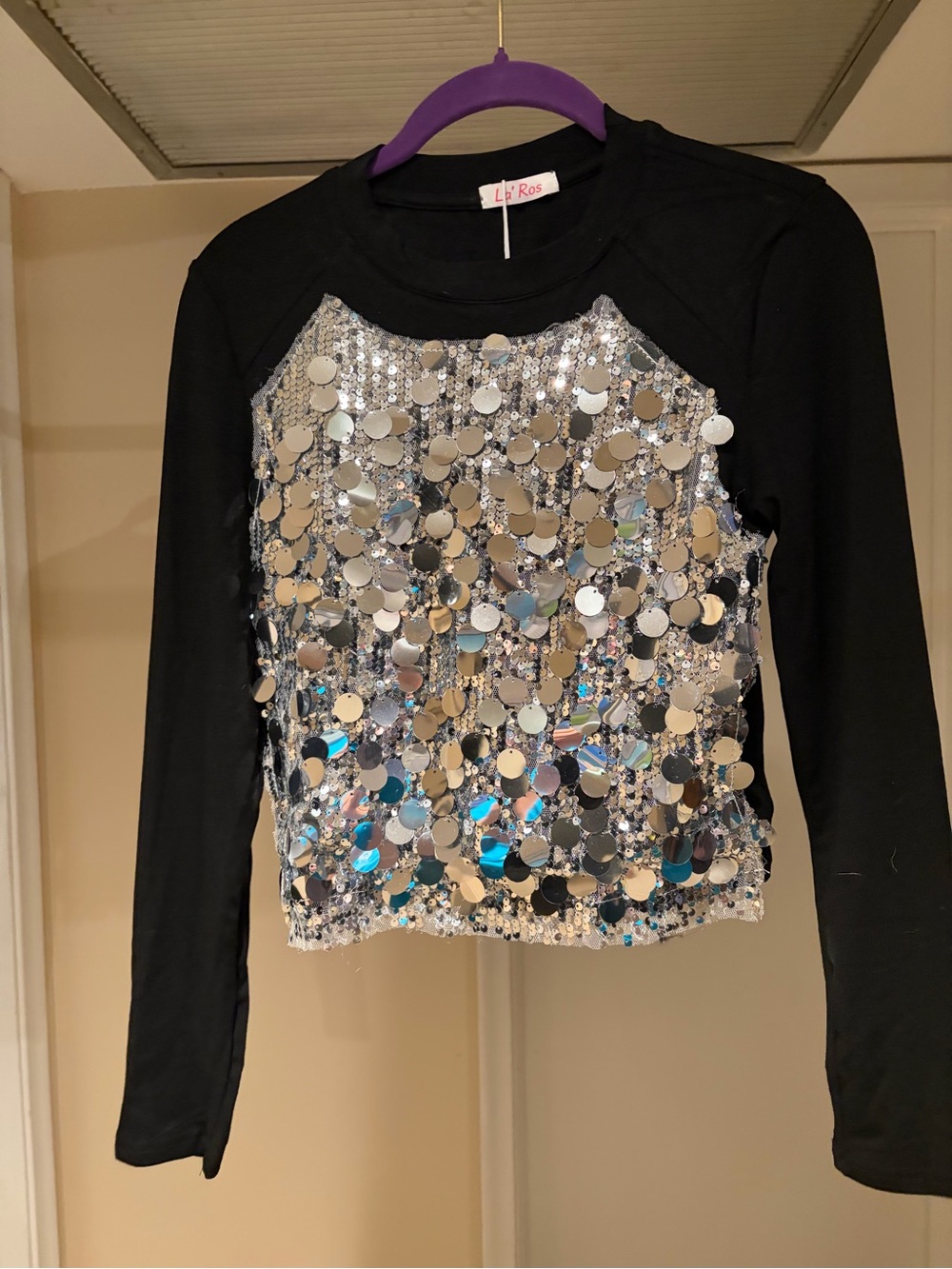 Girls' Black Long-Sleeve Sequin Front Top